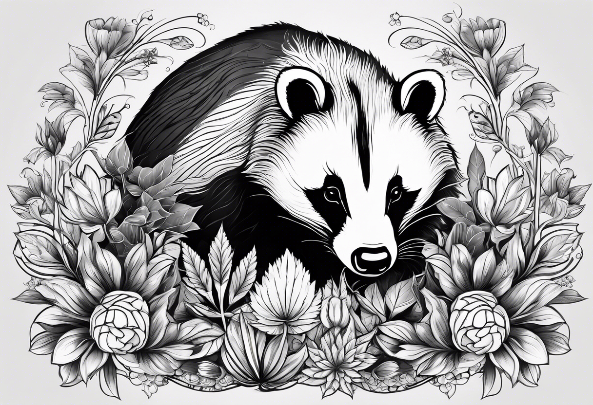 A badger with a cub in a field of flowers, including a cannabis leaf realistic in center and getting more trippy and black towards the edges Fractal patterns included tattoo idea