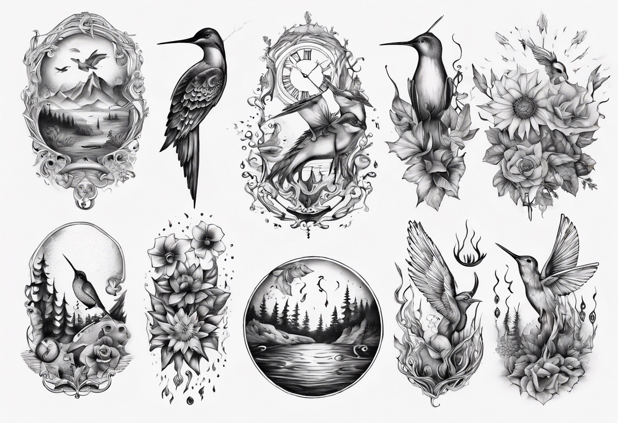 Wasser, Nymphe, Fisch, Hirsch, Wald, Waffe, Sonne, Kolibri tattoo idea