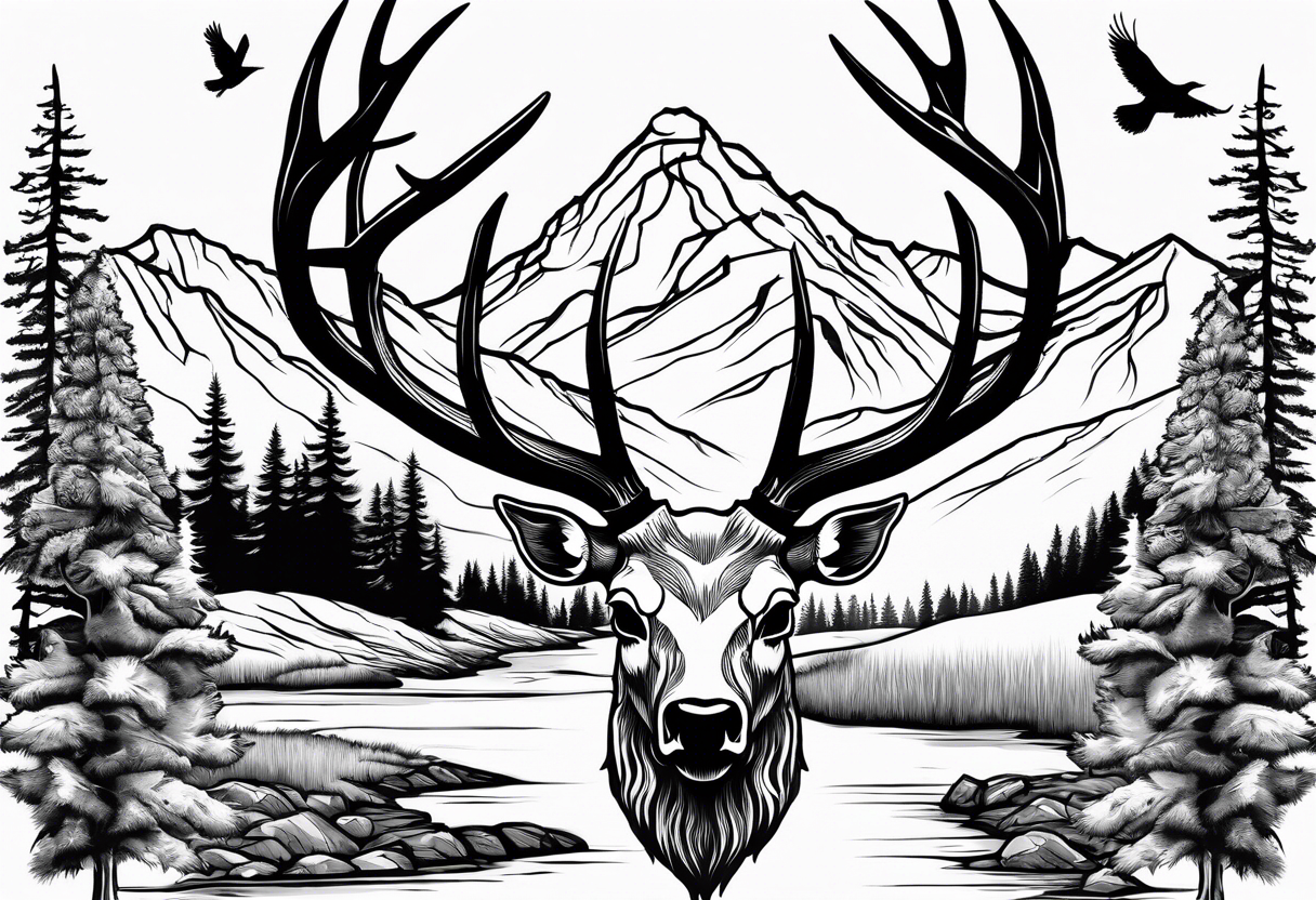 elk skull with mountains and trees
with a stream and birds overhead tattoo idea