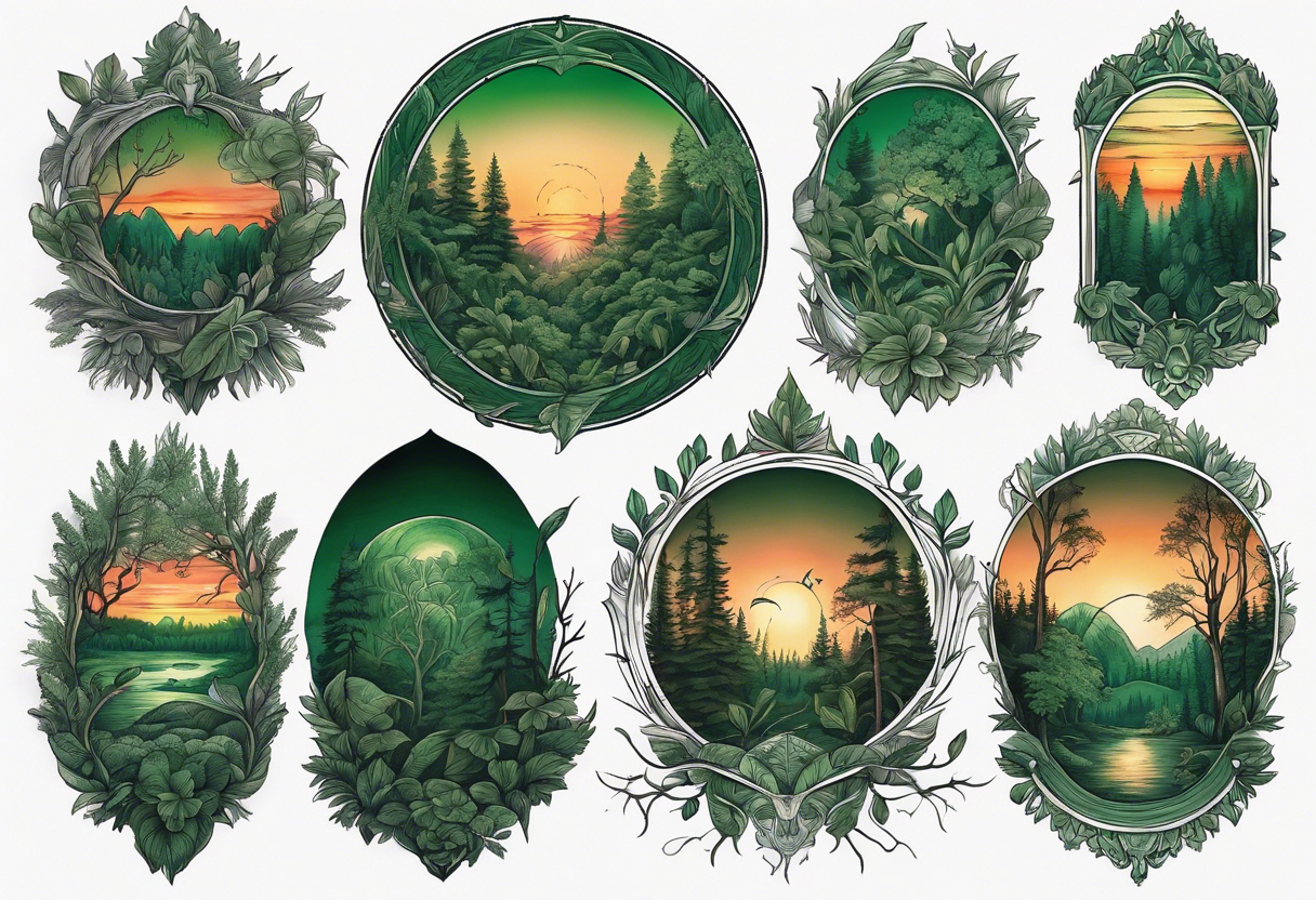 sunset in a dark green lush forrest, detailed, ornament, stunning, high quality, intricate, ultra realistic tattoo idea