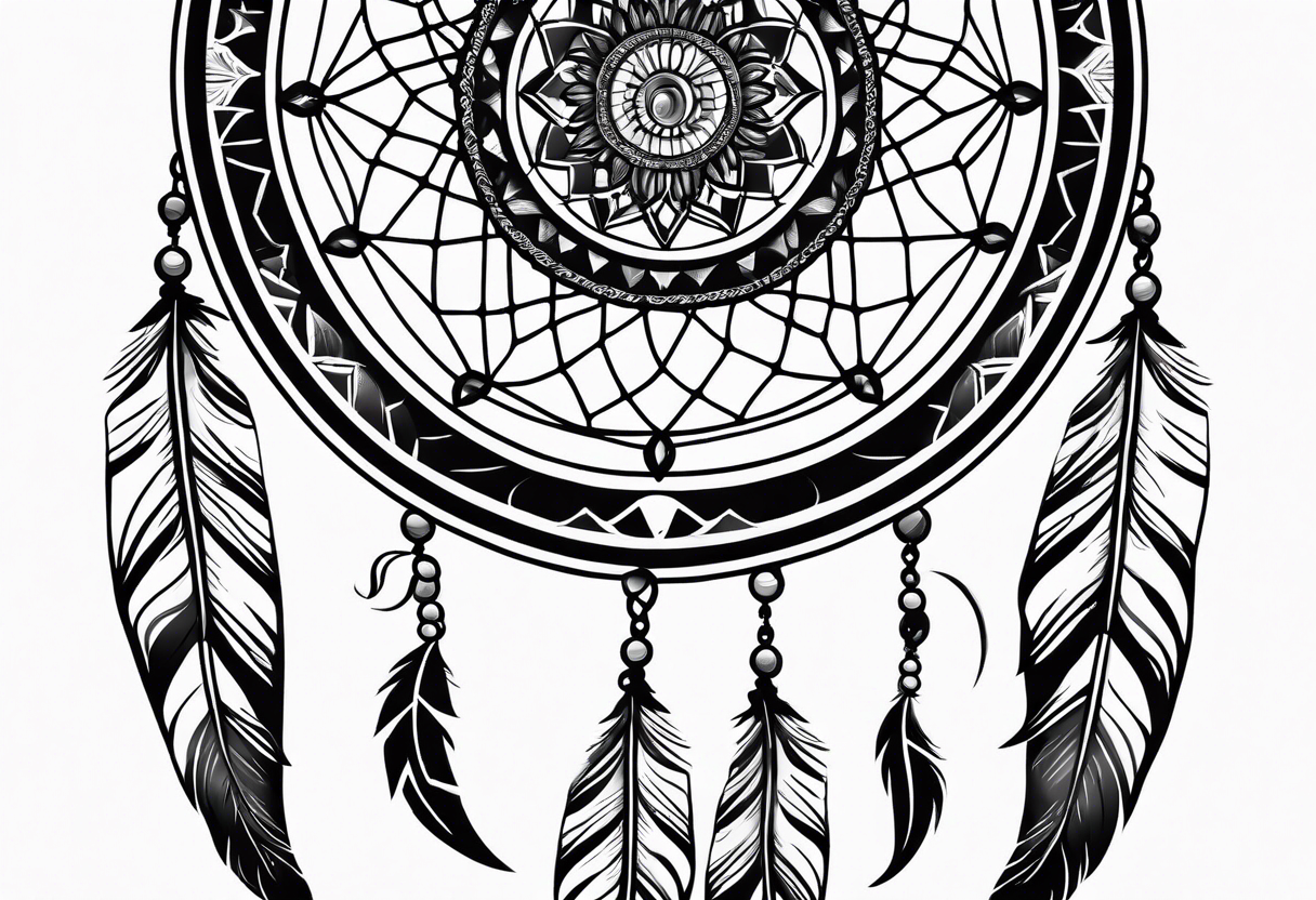 A black and white detailed dream catcher with a lot of shading tattoo idea