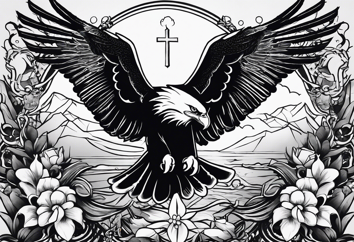 idea of pain for glory in life, discipline and catholic religion. Tattoo on the back with an eagle , 2 doves and fish tattoo idea