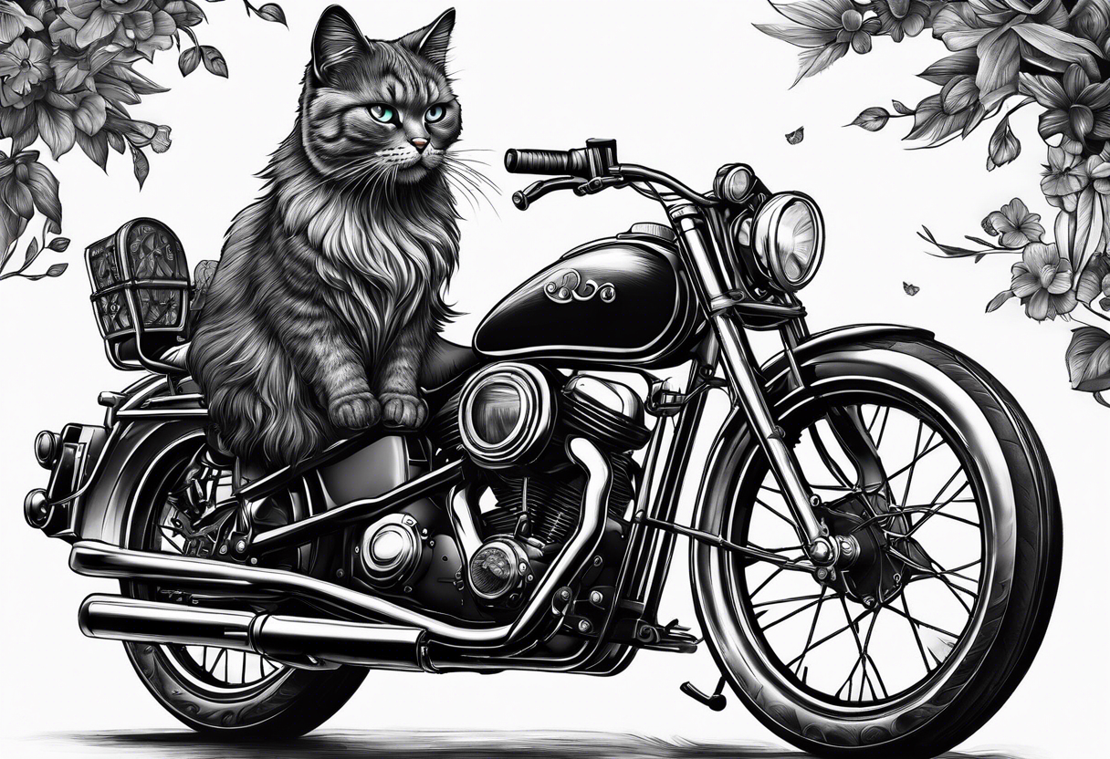 cat with beard on a bike tattoo idea