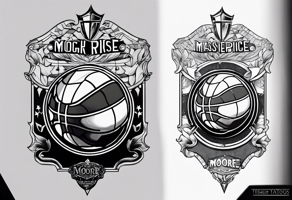 A thigh tattoo of the name Moore and also says from the past we rise to our future somehow tie a small basketball into it tattoo idea