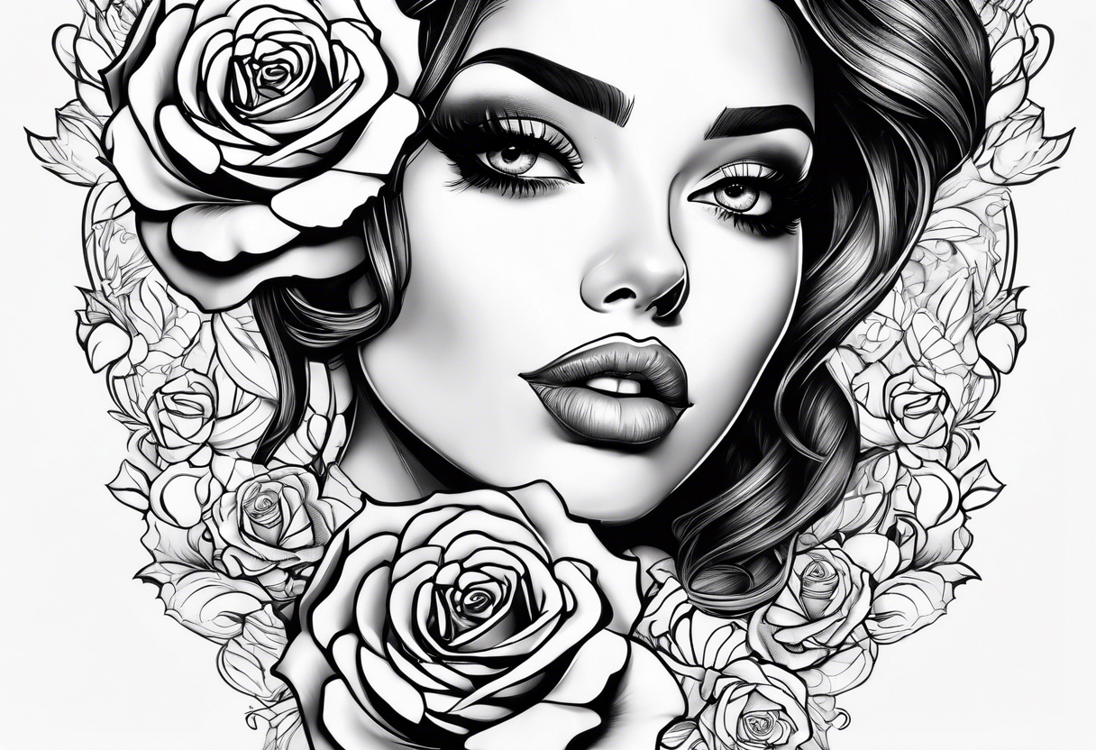 Beautiful woman roses full head tattoo idea