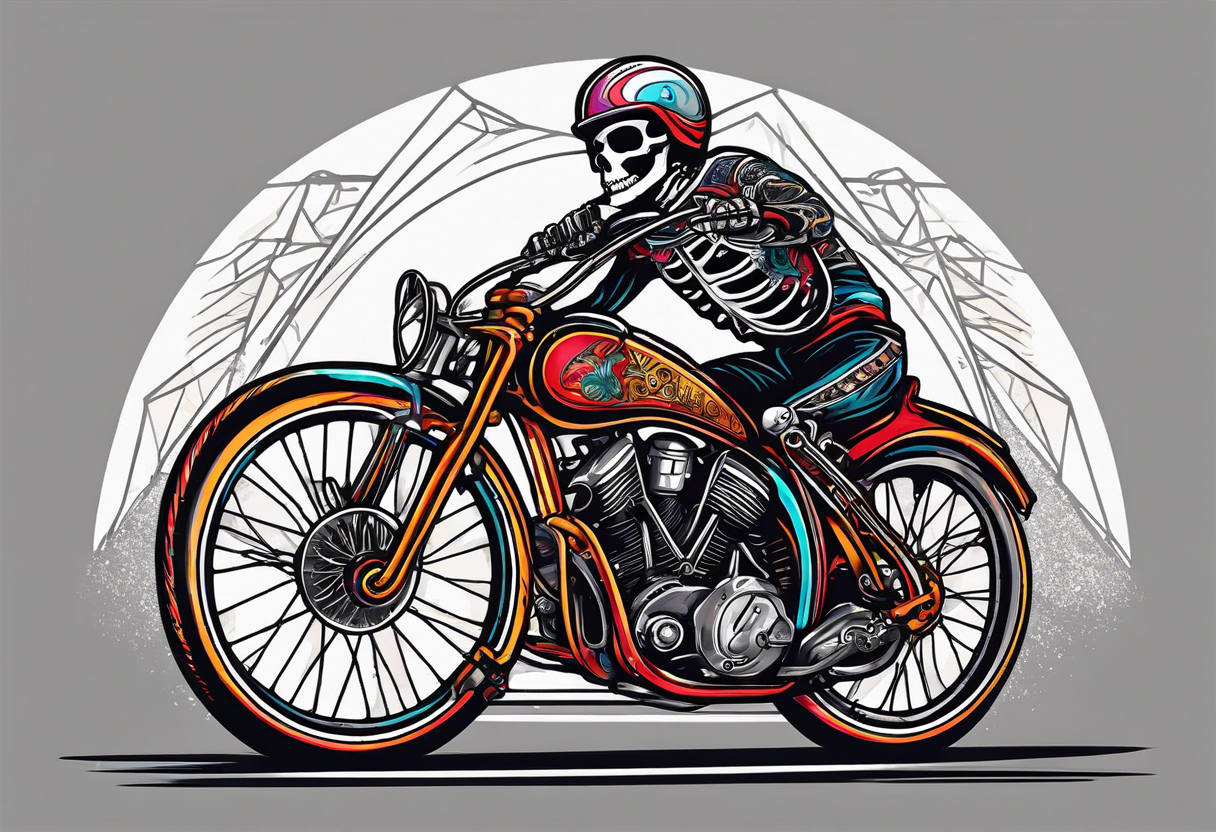 Skeleton rides a racing bicycle. It is wearing a 1980s style uniform. There is no background image tattoo idea