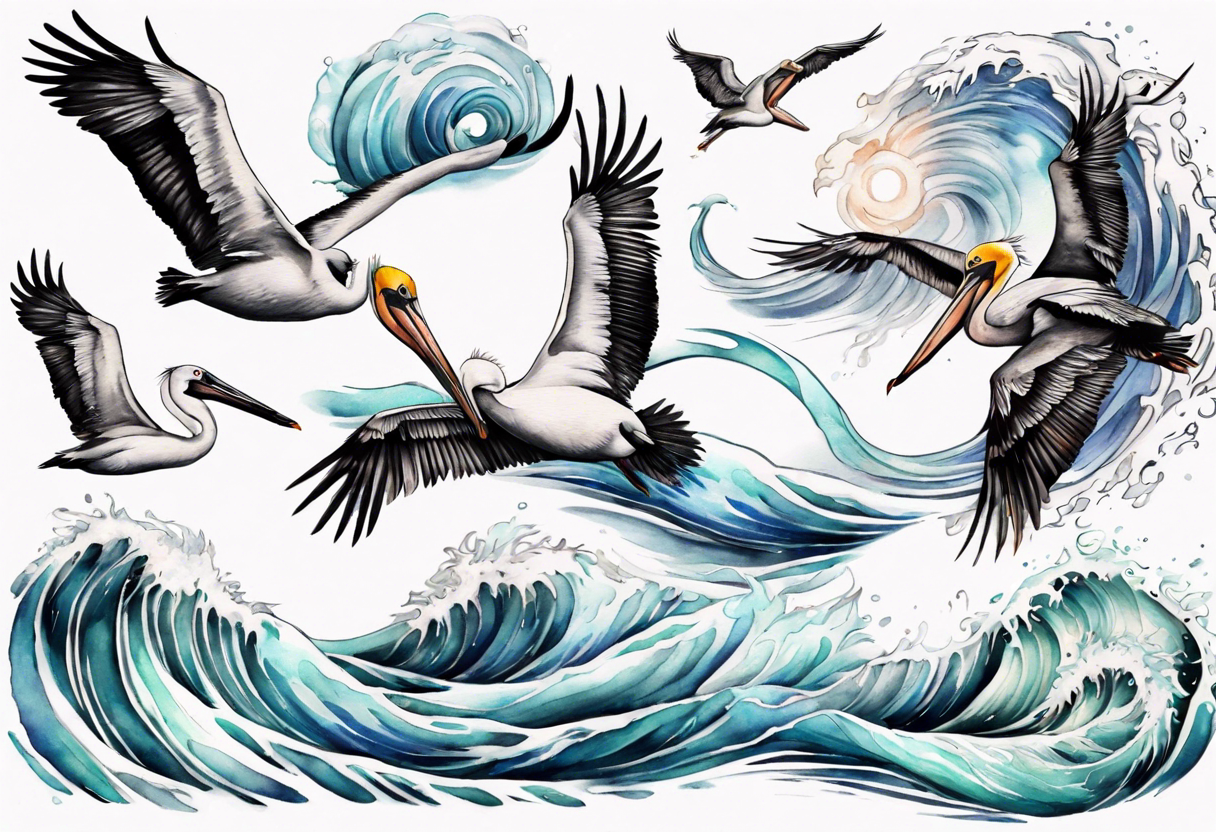 Waves with pelicans tattoo idea