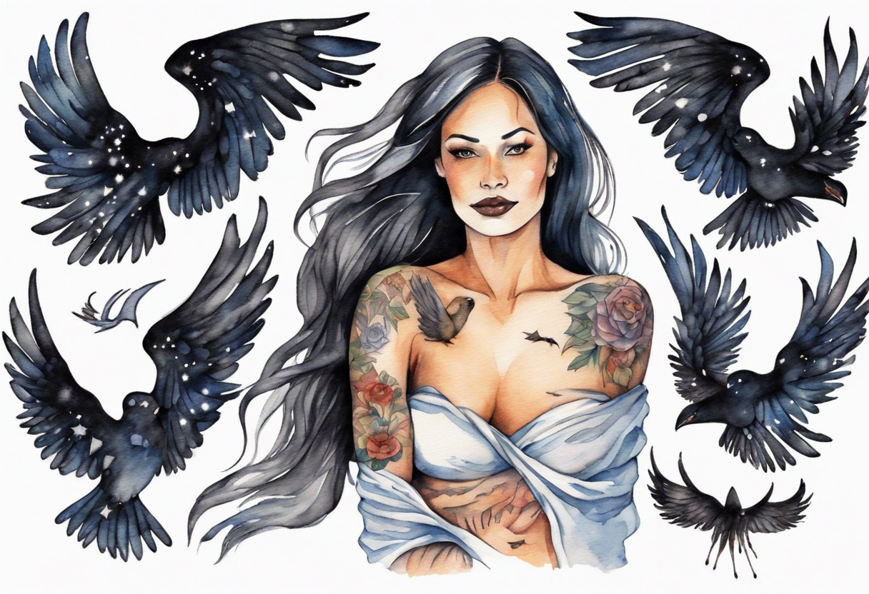 a beautiful 45 year old Dakota woman flying in the night sky with black wings and bare feet tattoo idea