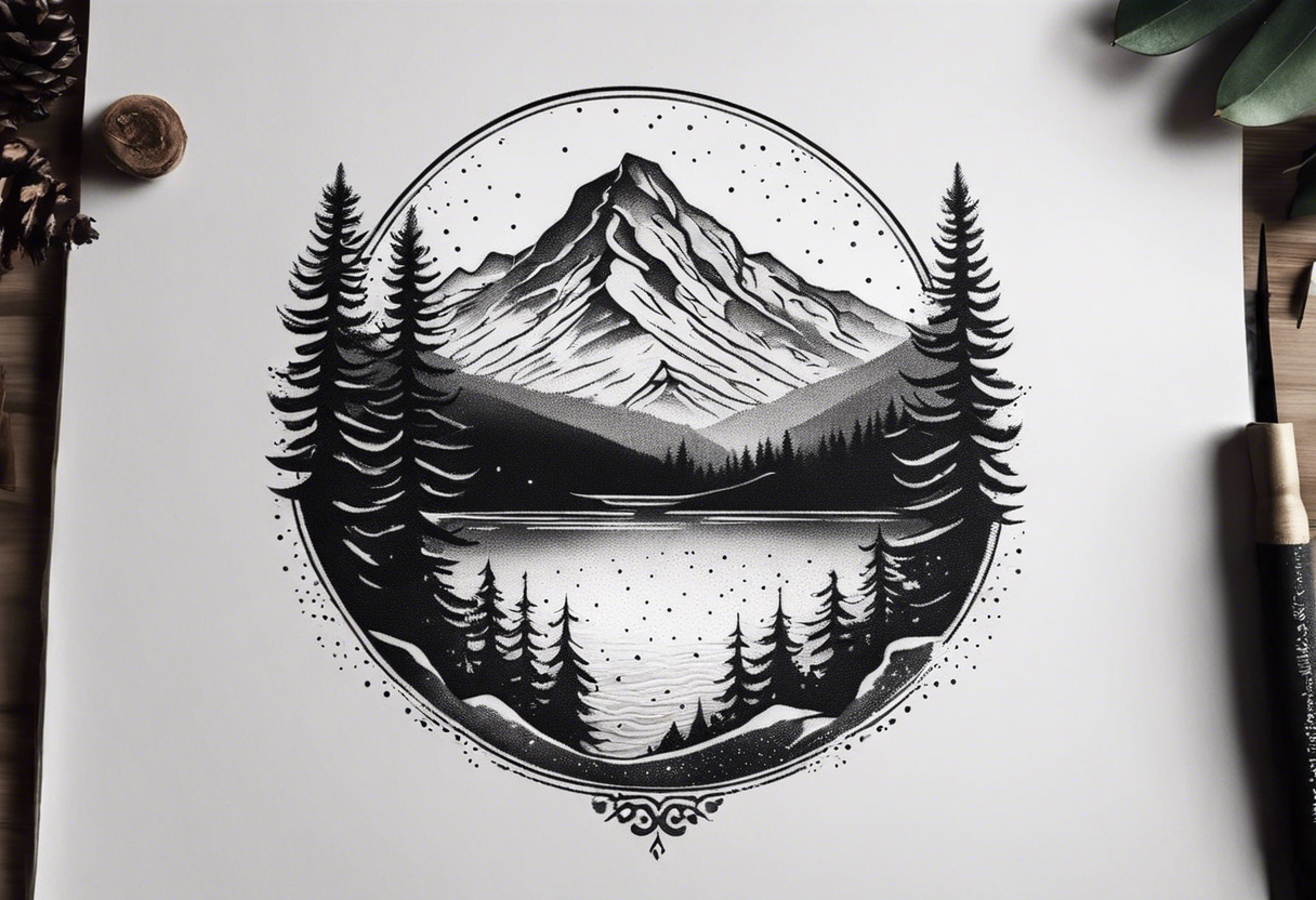 A snow capped mountain with pine trees and a river tattoo idea