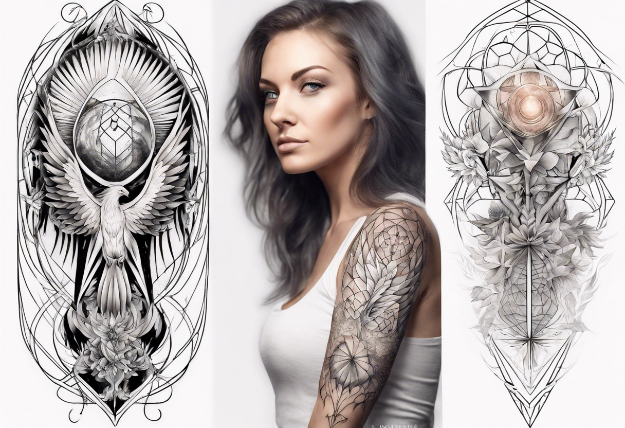 Sleeve for woman's arm phoenix sacred geometry with Metatron's cube tattoo  idea | TattoosAI