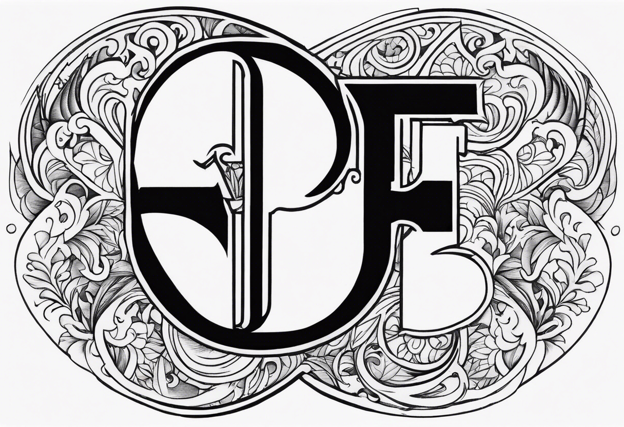 A backwards capital F next to a capital P with design elements around it. The left side should have elements of fire. The right side should have something that is fireproof or the opposite of fire. tattoo idea