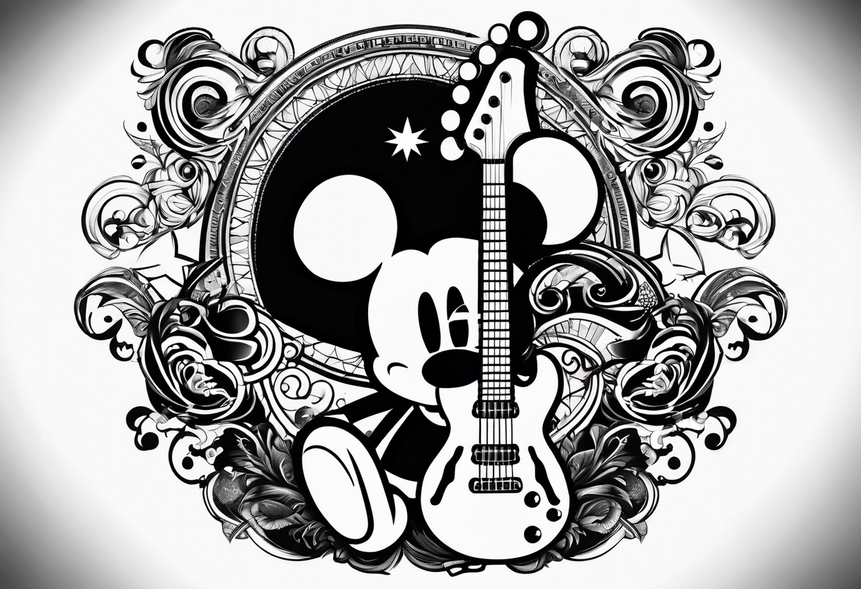 A well balanced tattoo full left arm with the following images:
a bass guitar, 
2 stars, 
1 quarter moon, 
a caduceus symbol and 
a mickey mouse shadow tattoo idea