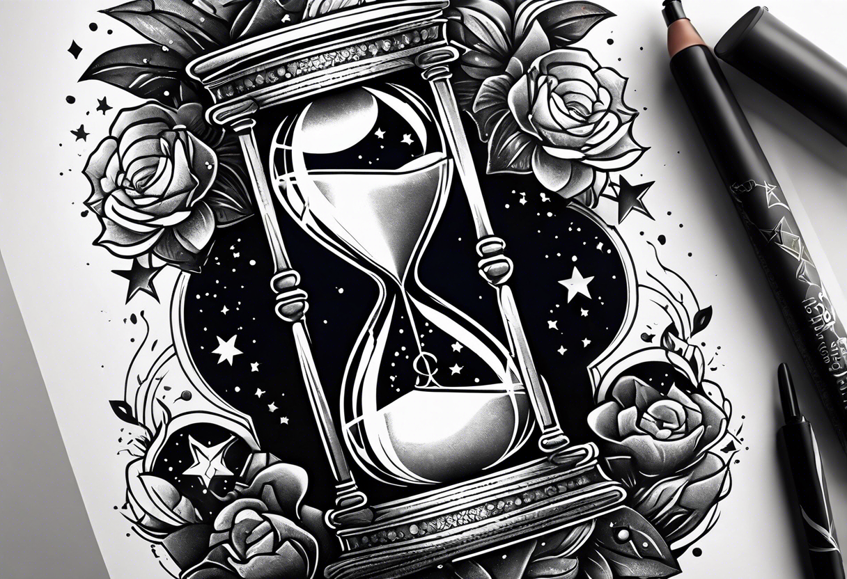 Hourglass with star stuff and cosmic dust exploding from the top and bottom of the hourglass. Long tattoo to fit on the forearm tattoo idea