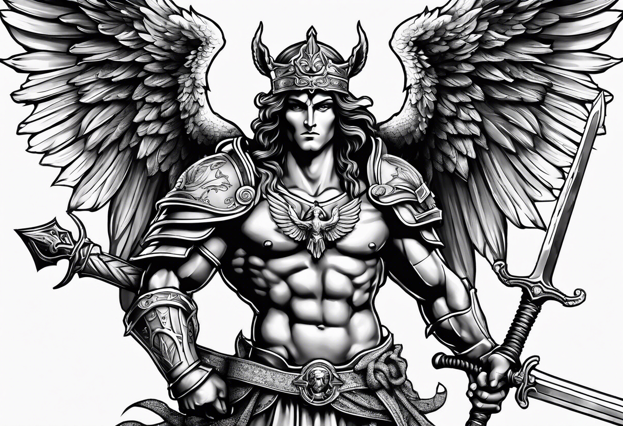 full body saint michael holding a sword slaying a demon tattoo idea