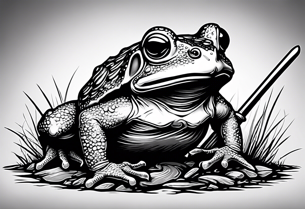 toad with sword; samurai sword Is pointing down(sword stuck in the ground) as if the toad was standing; no clothes tattoo idea