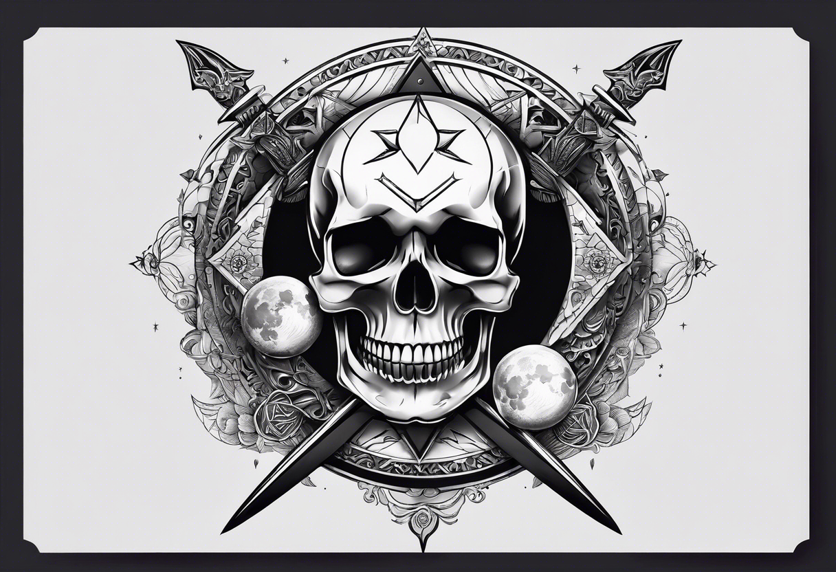 Simple Skull with third eye and dagger through it with the phases of the moon at the bottom endless spiral tattoo idea