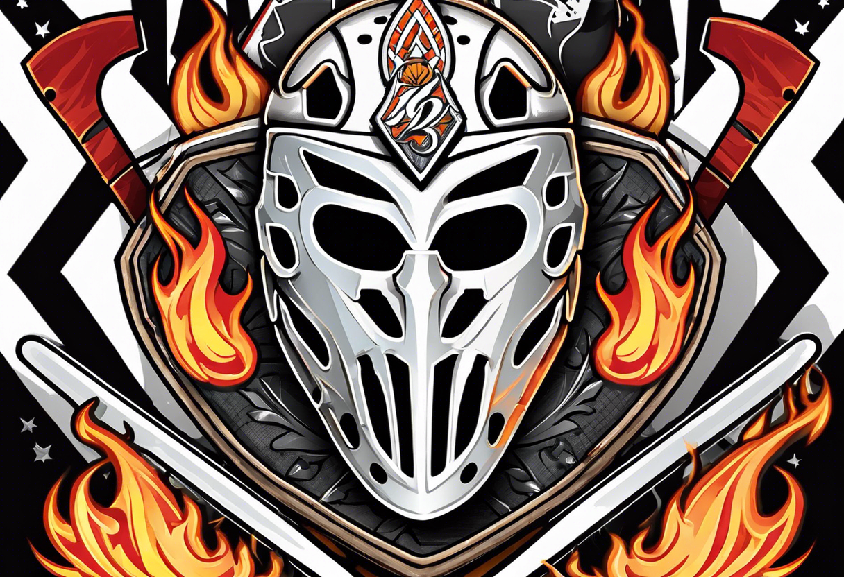 puck hitting a goalie mask with crossed hockey sticks in the background and flames that says "SHOT HOCKEY" tattoo idea