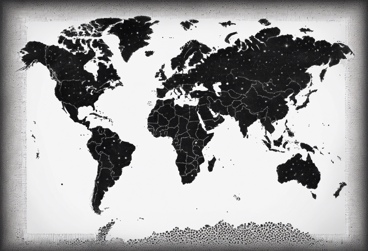 the earth with accurate borders of countries on a flat map design without bold borders with very light shading on everything placed on a grid which only has the lines tattoo idea