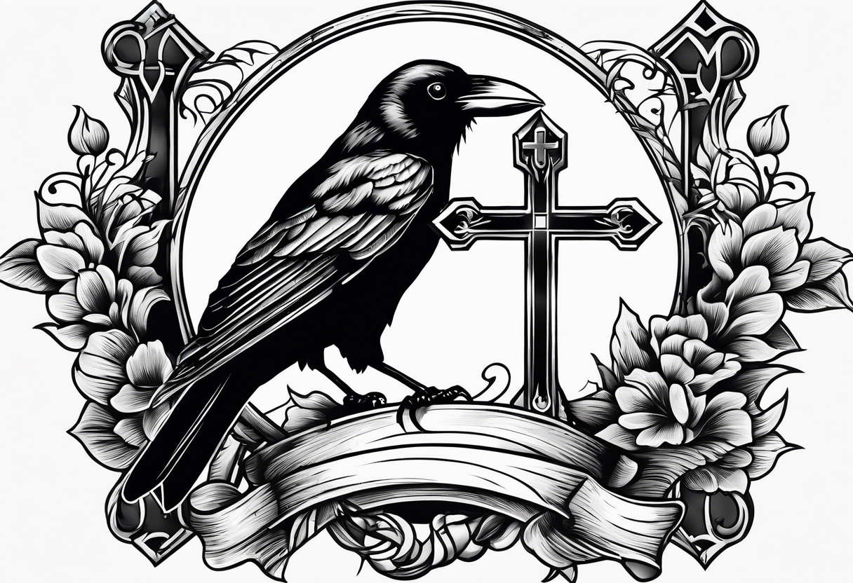 Crow resting a wooden cross tattoo idea