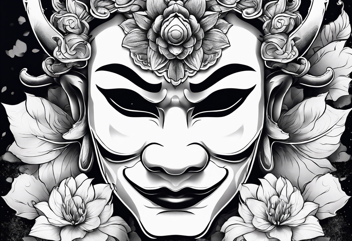 oni mask with flower petals around it tattoo idea