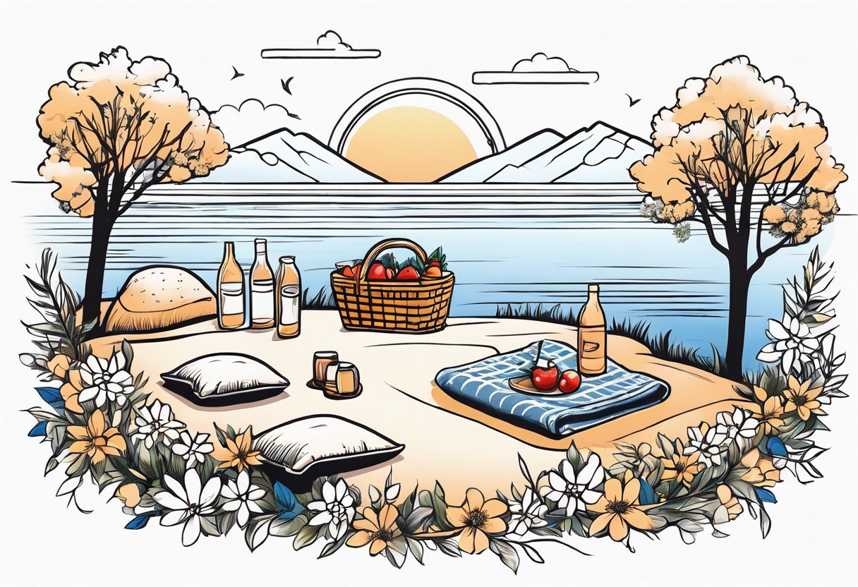 picnic scene in nature by a lake with bushes, tress and flowers, with a shecker blanket, a picnic basket, pillows and a sun in the sky tattoo idea