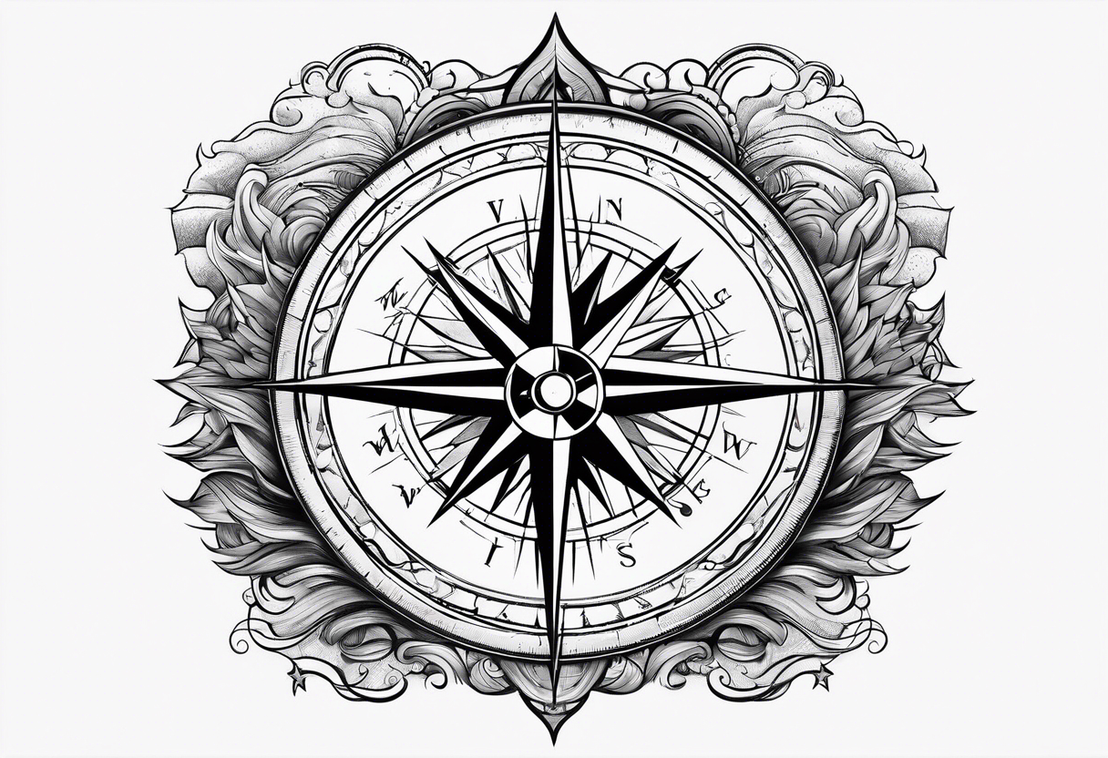 compass surrounded by stars and 
 ocean waves tattoo idea