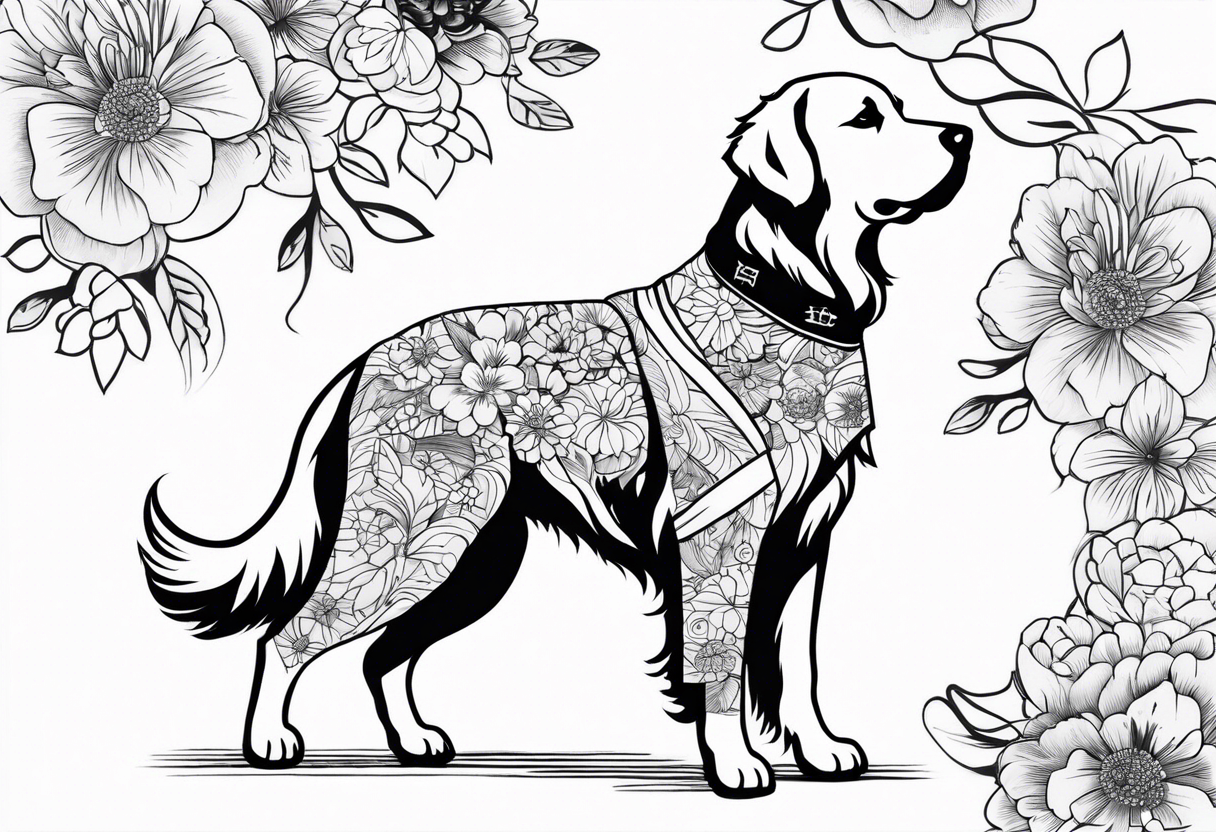 a golden retriever in a kimono full body view wearing a black belt tattoo idea