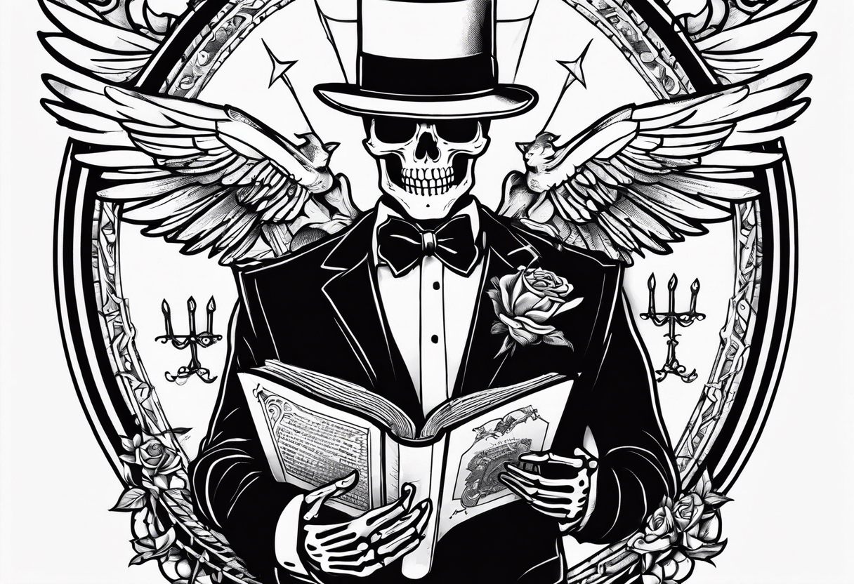 skeleton in tuxedo holding a bible tattoo idea