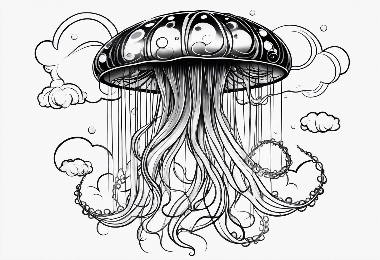 jellyfish with a small head and really long tentacles. Add clouds behind it like it’s floating in the sky tattoo idea