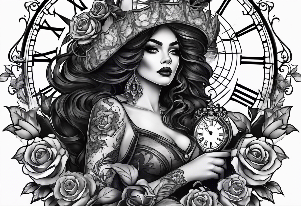 A feminine arm sleeve with a black witchy woman with smoky eyes, a granddaddy clock with roses and a lion queen tattoo idea