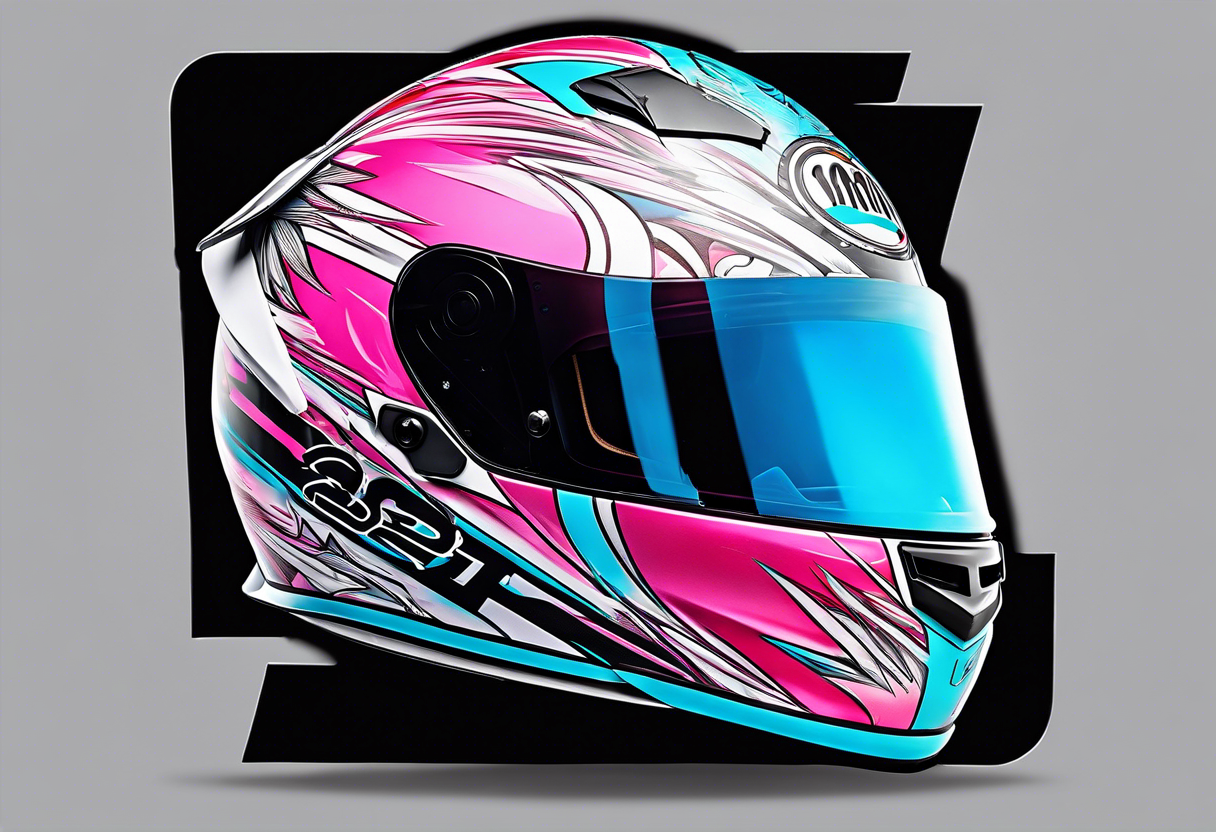 Formula 1 one helment inspired in Miami with black pink and light blue colors tattoo idea