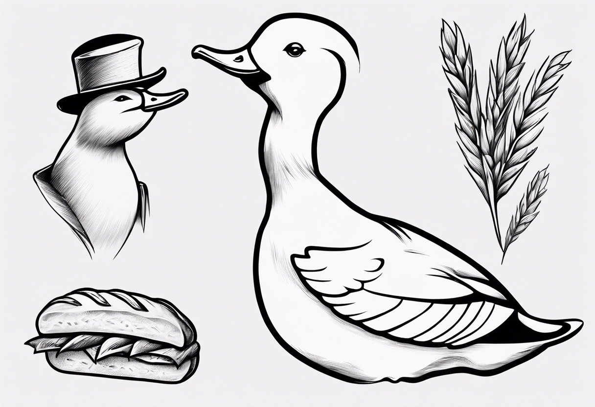 canard avec un béret et une baguette de pain sous l’aile tattoo idea