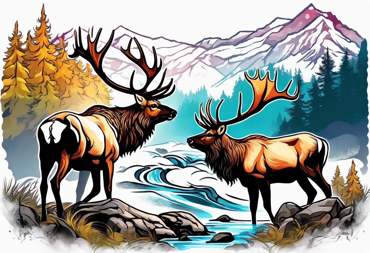 two elk fighting with mountains and stream in background tattoo idea