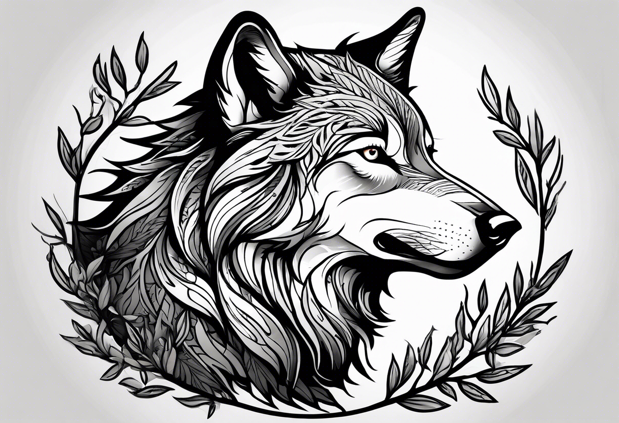 howling wolf drawn with olive tree branches and leaves tattoo idea