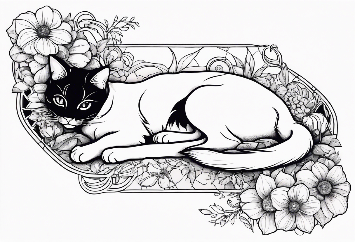 Art nouveau forearm tattoo of cat laying on back surrounded by flowers. tattoo idea