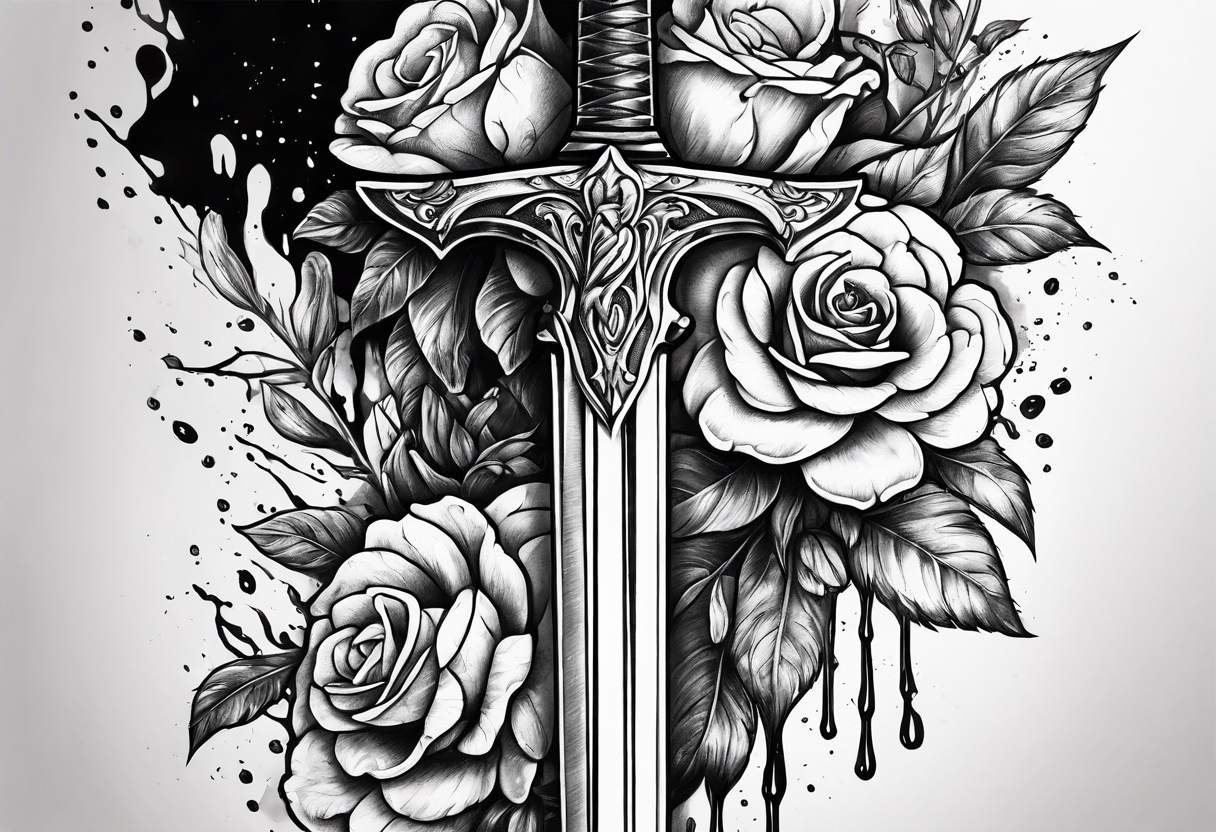 Bloody sword dripping onto flowers tattoo idea