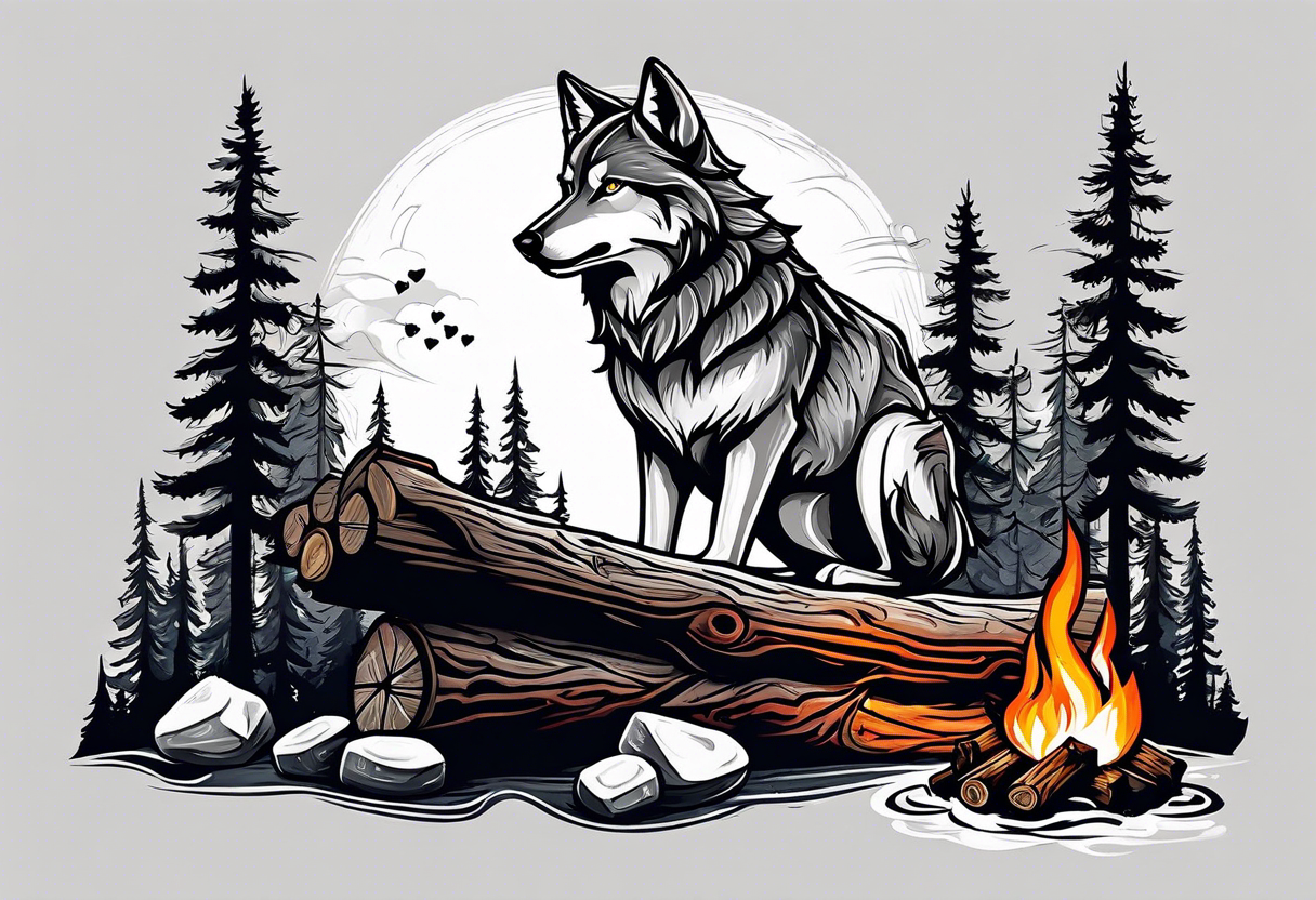 wolf at camp sitting on the log holding stick with marshmallows roasting over the campfire in the Forest tattoo idea