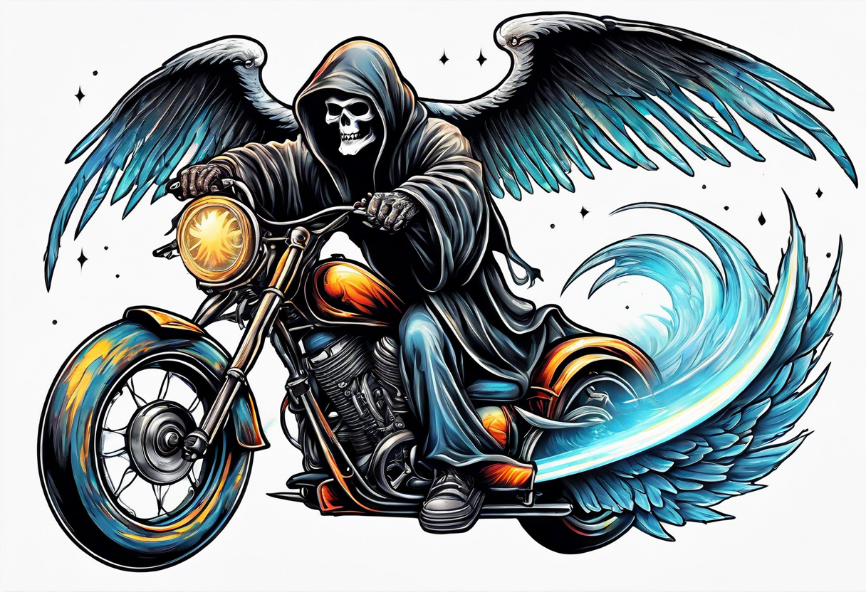 the grim reaper riding a skateboard with an angel halo above his head tattoo idea