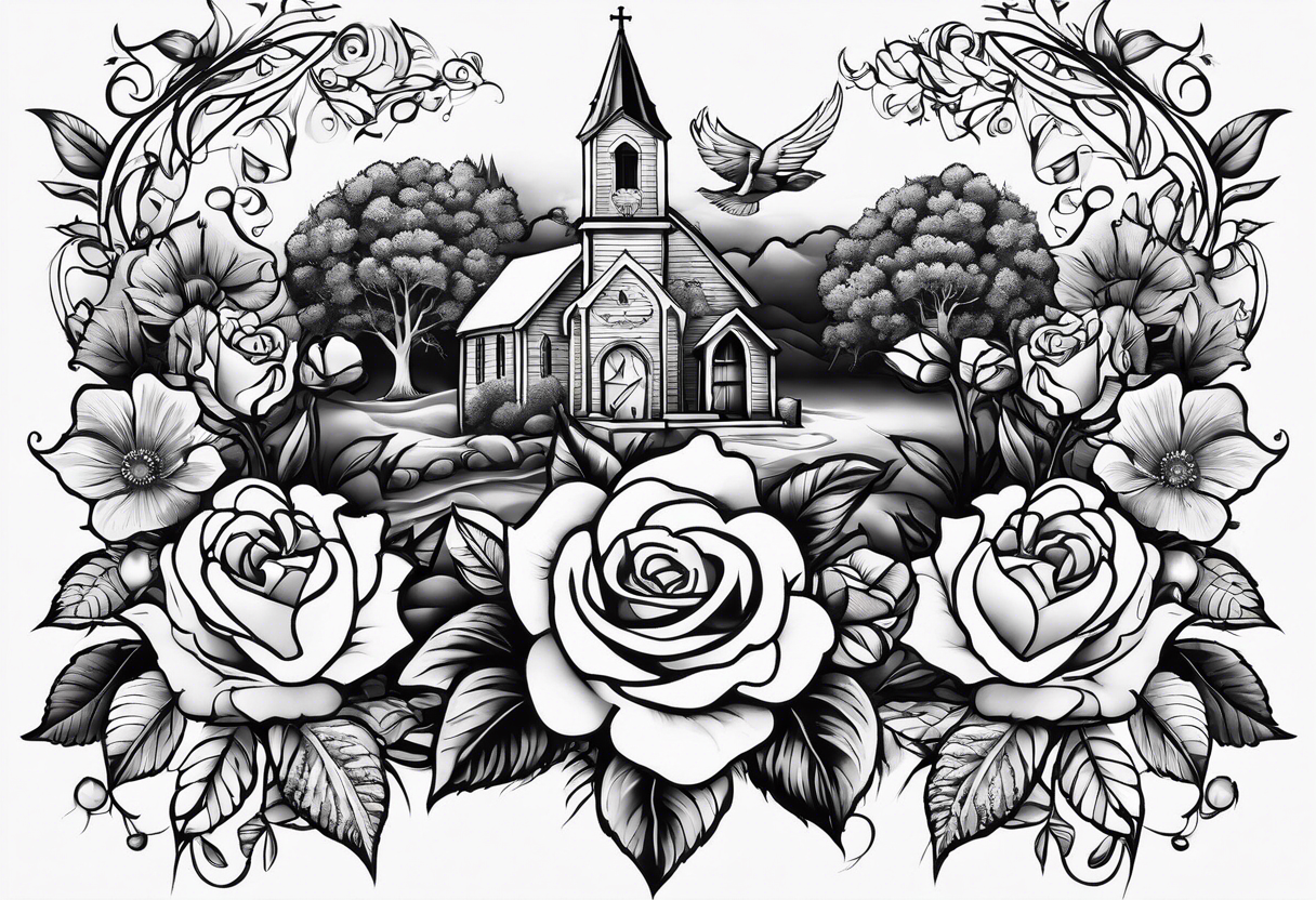 Tattoo thigh peice with Roses and flowers With nursing and hunting and cows and bulls and fishing and love and church. tattoo idea