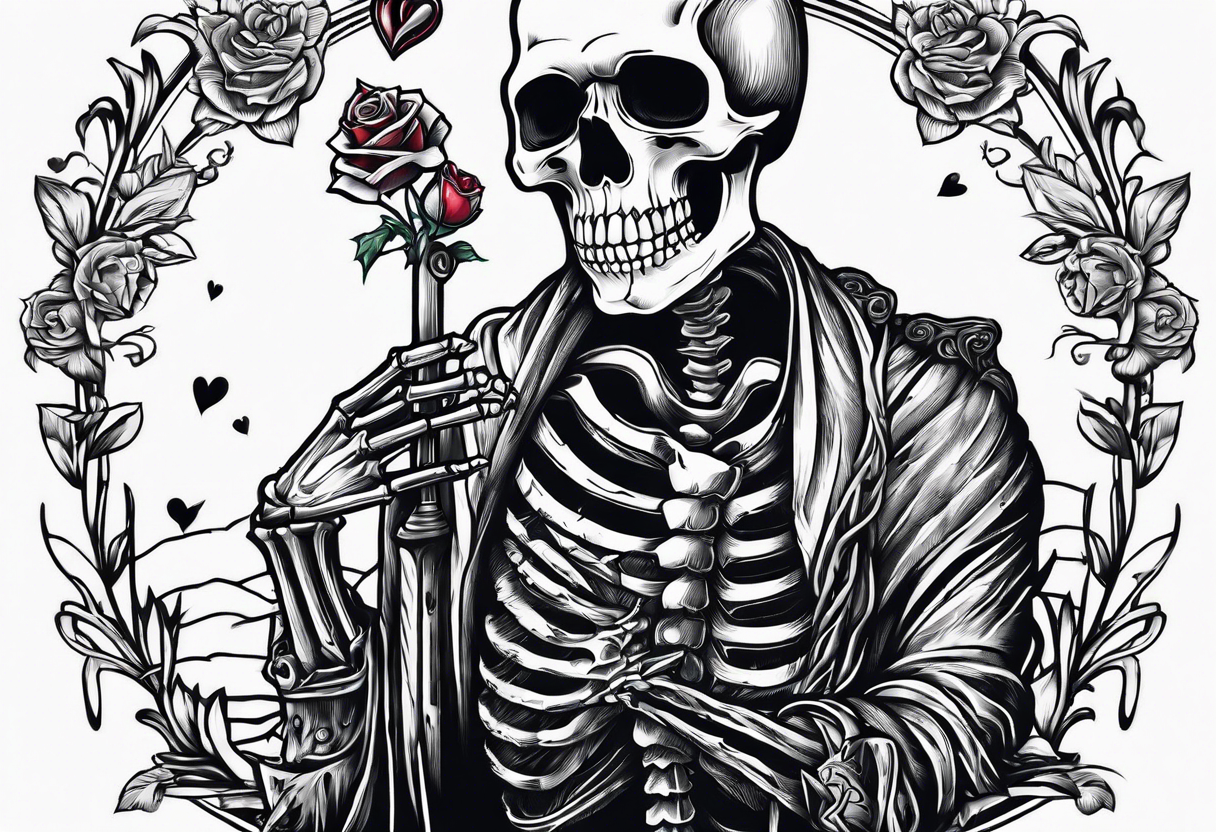 depressed skeleton handing his stabbed heart to someone tattoo idea