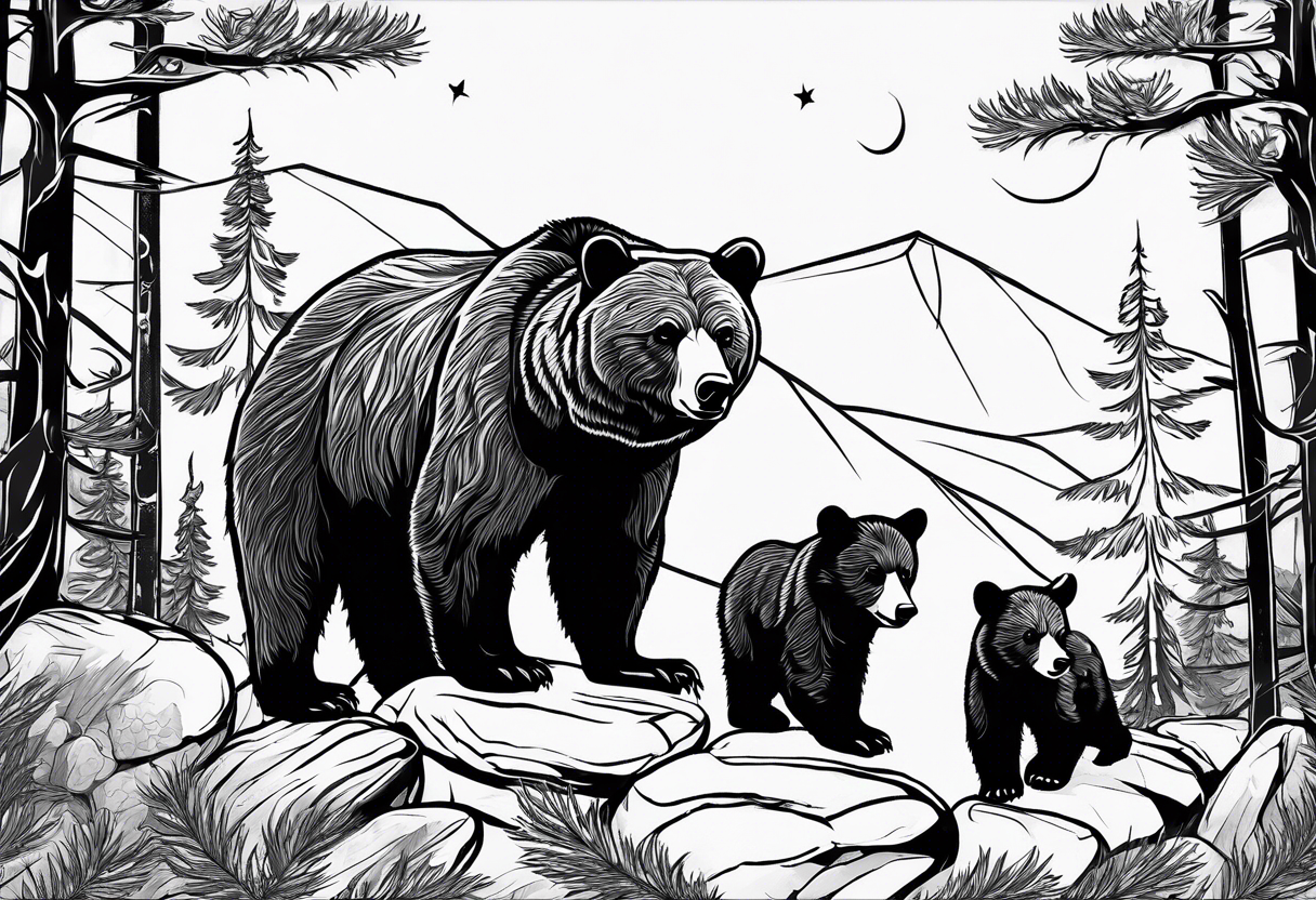 Draw a tattoo. The tattoo shows a mother bear holding two bear cubs in her arms. A small bear cub and a larger bear cub. The bears are surrounded by fir trees and rocks. tattoo idea