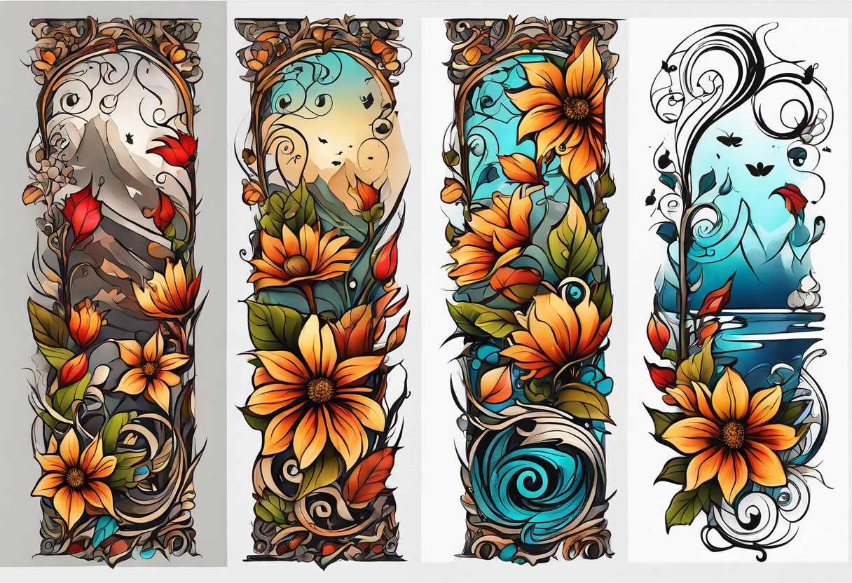 arm sleeve with fall colors, flowers, water flow shapes, leaves and various natural shapes, music staff tattoo idea