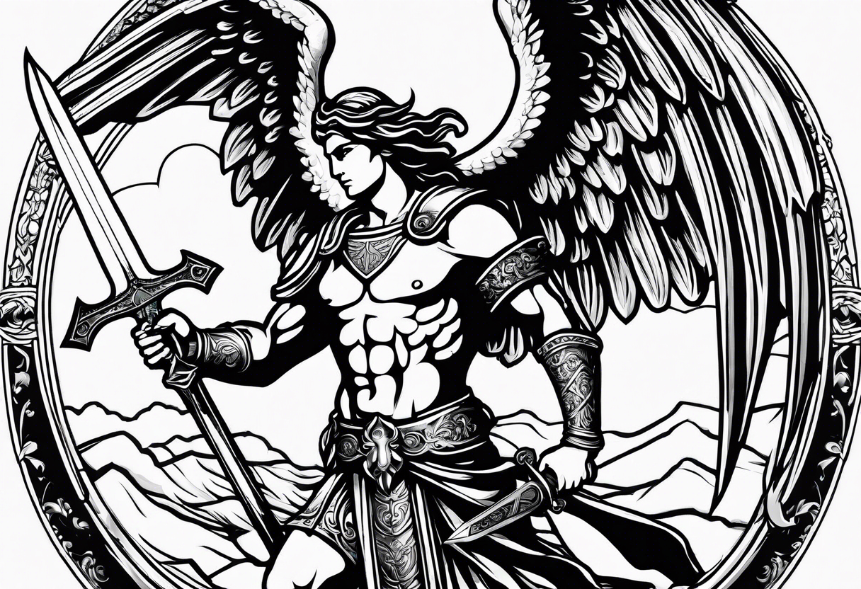 full body saint michael holding a sword slaying a demon tattoo idea