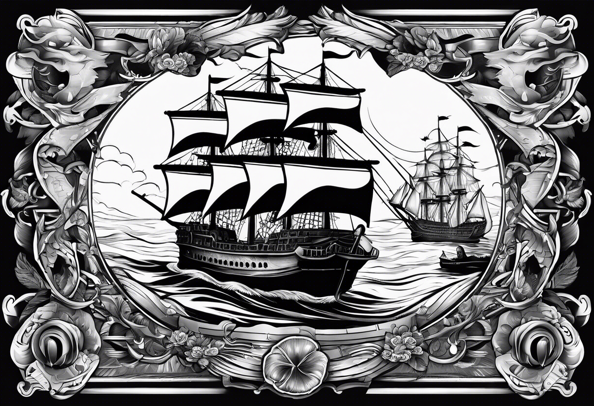 patriotic banner with skulls and ships tattoo idea