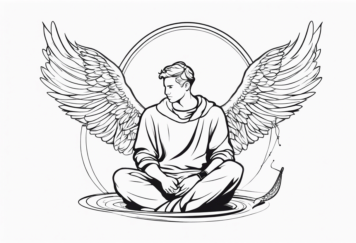 male angel with a halo sitting peacefully holding a modern fishing rod tattoo idea