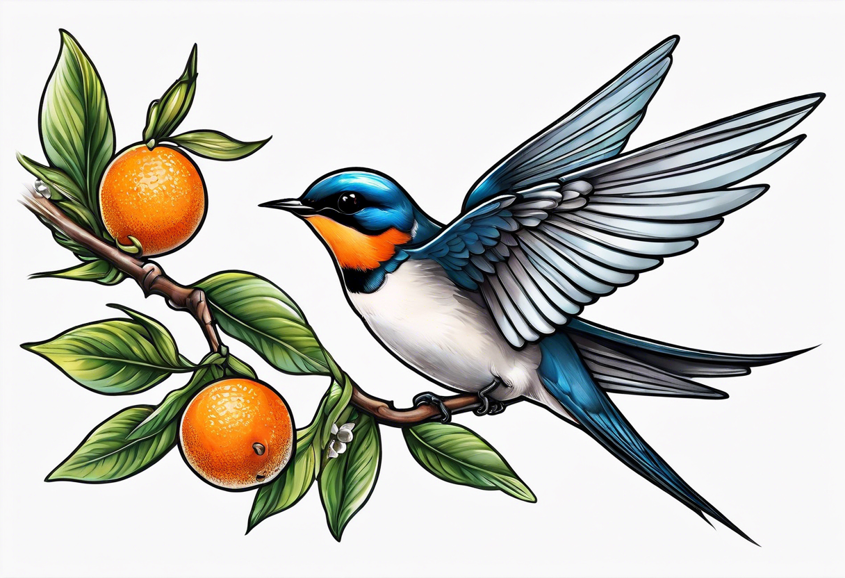 swallow leaving on an orange blossom branch with its wings up tattoo idea