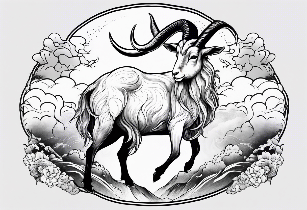 full body goat with kumo clouds in traditional Japanese art style tattoo idea