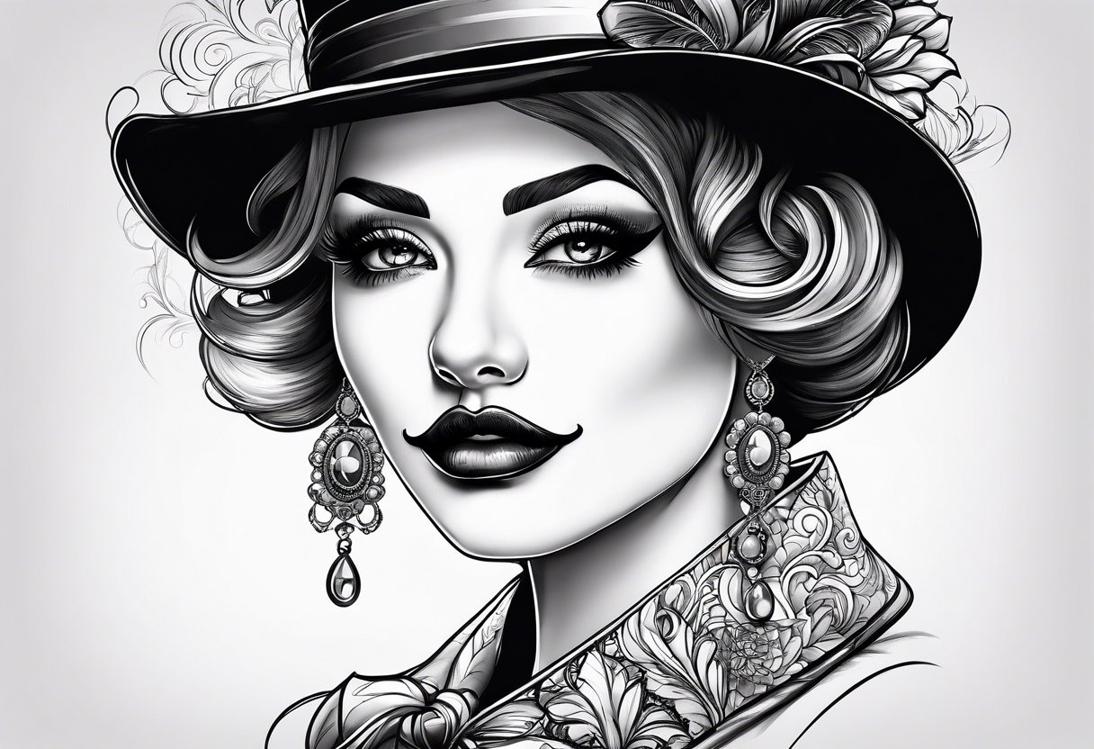 sketch style mustache, lady eyelashes and monocle tattoo idea