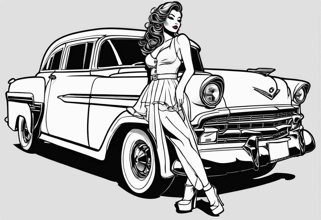 Pinup girl standing by a car tattoo idea