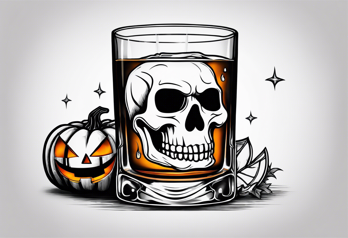 glass of whiskey with one single ice cube that is the Halloween jack-o-lantern tattoo idea